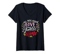 Donna all You Need Is Love And A Bottle of Wine Lovers Citazione Maglietta con Collo a V