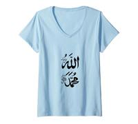 Donna Allah Musulmano e profeta Maometto Nome Script Arabo Islam Maglietta con Collo a V