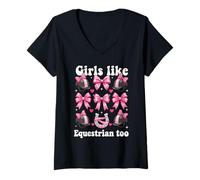 Donna alle Ragazze Piace Anche l'equitazione Pink Bow Maglietta con Collo a V