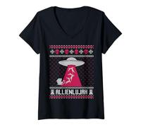 Donna Alleluia, divertente alieno brutto maglione, ufo cattivo maglione Maglietta con Collo a V