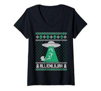 Donna Alleluia, UFO brutto maglione natalizio, divertente Babbo Natale alieno Maglietta con Collo a V