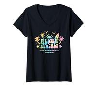 Donna Aloha Beaches Tavola da surf retrò Palm Tree Summer Vibes Hawaii Maglietta con Collo a V
