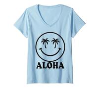 Donna Aloha Happy Face Palme Hawaiian Beach Vacation Maglietta con Collo a V
