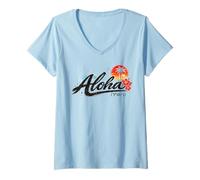 Donna Aloha Hawaii Japanese Brush Script Tramonto Floreale Ocean Vibes Maglietta con Collo a V