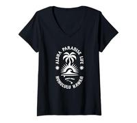 Donna Aloha Hawaii Paradise Palma e Onde Maglietta con Collo a V