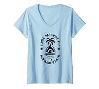 Donna Aloha Hawaii Paradise Palma e Onde Maglietta con Collo a V
