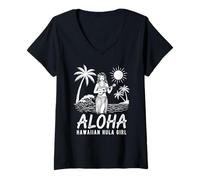 Donna Aloha Hawaii Retro Dancer Hula Dancer, Arte Vintage per Le Vacanze Tropicali Maglietta con Collo a V