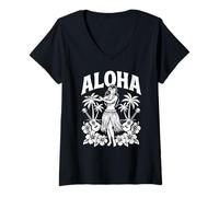 Donna Aloha Hawaii Retro Hula Dancer Palme Ukulele Ibisco Maglietta con Collo a V