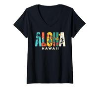 Donna Aloha Hawaii Retro Island - Ukulele da Surf con Palme di Ibisco Maglietta con Collo a V