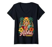 Donna Aloha Hawaii Ukulele Player Sunset Beach Ibisco Retro Art Maglietta con Collo a V