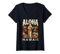 Donna Aloha Hawaii Vintage Hula Dancer Ukulele Palme Oceano Maglietta con Collo a V
