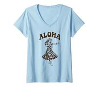 Donna Aloha Hawaiian Hula Dancer Retro Luau, Arte a Forma di Ibisco Tropicale Maglietta con Collo a V