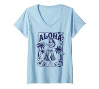 Donna Aloha Hula Dancer Hibiscus Palme Ukulele Retro Girl Art Maglietta con Collo a V