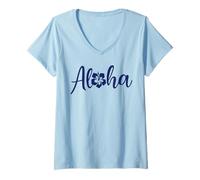 Donna Aloha Lettering con Un Fiore di Ibisco Surfing Design Maglietta con Collo a V