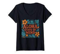 Donna Aloha State of Mind Retro Hawaiian Ibisco Flower Beach Maglietta con Collo a V