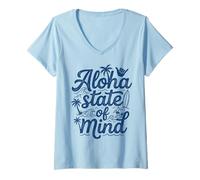 Donna Aloha State of Mind Surfing Hawaiian Beach Palm Wave Surfer Maglietta con Collo a V