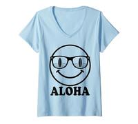 Donna Aloha Surfer Happy Face Occhiali da Sole Beach Vacation Maglietta con Collo a V