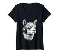 Donna Alpaca Animale Motivo Musica Cuffia Art Alpaca Maglietta con Collo a V