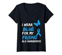 Donna Als Awareness I Wear Blue for My Friend Maglietta con Collo a V