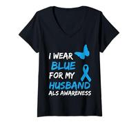 Donna Als Awareness I Wear Blue for My Husband Maglietta con Collo a V
