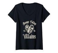 Donna Always For The Villians Barbwire Heart Skull Lovers Maglietta con Collo a V