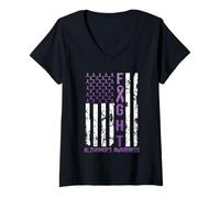 Donna Alzheimer's Awareness Month Day USA Flag Ribbon Purple Maglietta con Collo a V