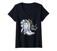 Donna Am I Okay Boot Western Texas Cowgirl Coquette Bow Donne Ragazza Maglietta con Collo a V