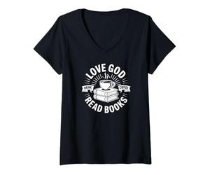 Donna AMA Dio Bevi caffè Leggi Libri Christian Maglietta con Collo a V