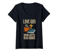Donna Ama Dio Bevi Caffè Leggi Libri Christian Reader Maglietta con Collo a V