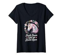 Donna Amante dei Cavalli Equitazione Acquarello Floreale Arte Tacchi Giù Maglietta con Collo a V