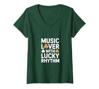 Donna Amante della Musica con Lucky Rhythm Irish Shamrock Maglietta con Collo a V