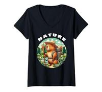 Donna Amante della natura Cute Capybara Explorer con bastone da passeggio Maglietta con Collo a V