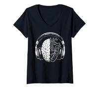 Donna Amanti della Musica del Cervello e del Cuore Maglietta con Collo a V