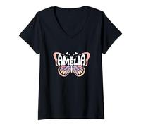 Donna Amelia Butterfly - Personalizzato Carino Nome Word Art Maglietta con Collo a V