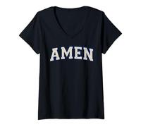 Donna Amen Christian Faith Lettere Varisty Avorio e Blu Maglietta con Collo a V