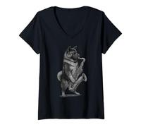 Donna American Akita Suonare Sassofono Musica Jazz Amante Del Cane Maglietta con Collo a V