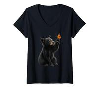 Donna American Black Bear Cucciolo Farfalla Wildlife Nature Maglietta con Collo a V