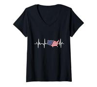Donna American Flag Heartbeat USA Mappa Stati Uniti d'America Maglietta con Collo a V