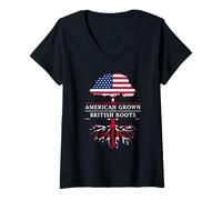 Donna American Grown British Roots - Gran Bretagna Union Jack Maglietta con Collo a V