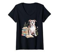 Donna American Pit Bull Terrier Pittie Books Reading Flowers Book Maglietta con Collo a V