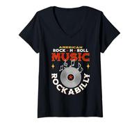 Donna American Rock-n-Roll Rockabilly Record Retro Vintage Greaser Maglietta con Collo a V