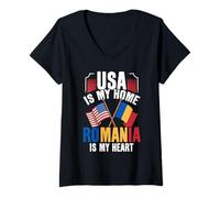 Donna American Romanian Pride USA è la mia casa Romania Il Mio Cuore Maglietta con Collo a V