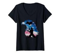 Donna American Soldier Silhouette Eagle USA Flag Illustration Maglietta con Collo a V