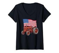 Donna American USA Flag Tractor Farmer Maglietta con Collo a V