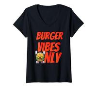 Donna Americana Burger Amante Divertente Fast Food Vibes 50s Diner Retro Maglietta con Collo a V