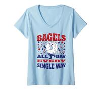 Donna Americana New York Bagels Funny Breakfast Mascotte 50s Vintage Maglietta con Collo a V