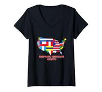 Donna Americans Map Bandiere ispaniche Patrimonio Nazionale ispanico Maglietta con Collo a V