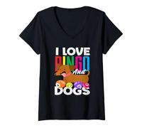 Donna Amo Bingo E Cani Divertimento Amanti Del Cane Bingo Maglietta con Collo a V