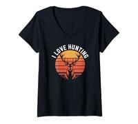 Donna Amo Caccia Tramonto Deer Lover Maglietta con Collo a V