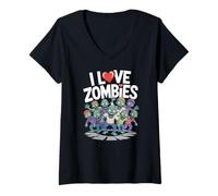 Donna Amo Gli Zombi con i Personaggi dei Cartoni Animati Maglietta con Collo a V